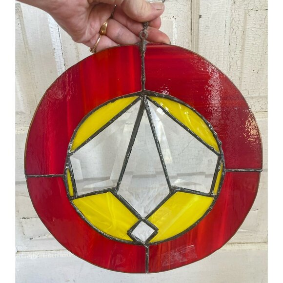 Antique Arts & Crafts Era Round Leaded Beveled Stain Glass Panel Some Damage - Picture 13 of 14